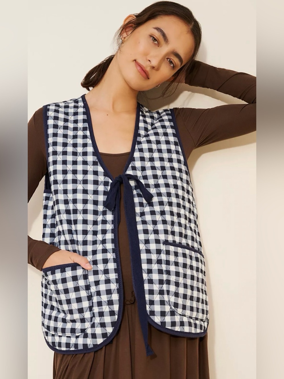 Free People Claudine Printed Vest Navy & White Check